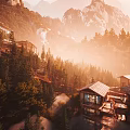 Mountain Lodge Architecture with Wooden Structure Surrounded by Dense Forests and Misty Mountain View
