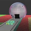 Cartoon Scene Featuring White Spherical Structure With Textured Surface And Black Car On Water Pathway