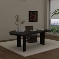 Modern Black Desk And Brown Chair With Laptop Plant Books Window View Decorative Painting Rug