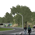 Scenic Park Landscape With Curved Road Green Lawns Trees Pedestrian Path And Bus Stop