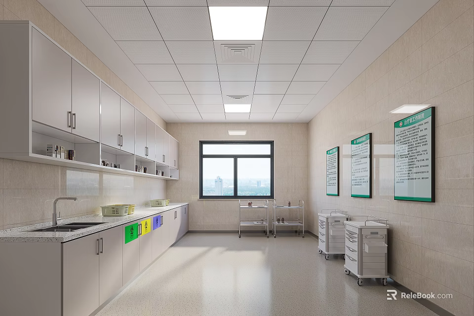 Clean Medical Preparation Room With White Cabinets Sink Window And Charts 3d model 