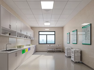 Clean Medical Preparation Room With White Cabinets Sink Window And Charts 3d model