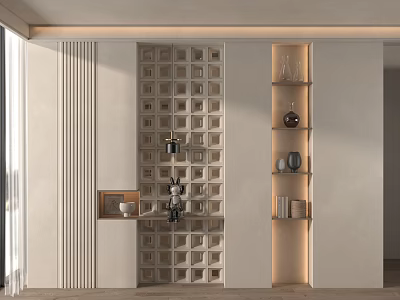Modern Contemporary Room Divider Design With Geometric Grid Shelves And Decorative Ornaments 3d model