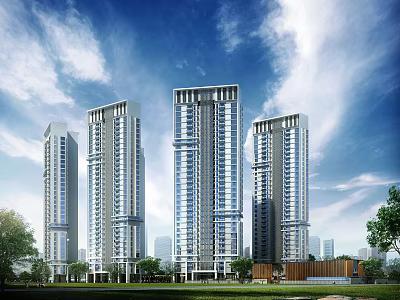Modern High Rise Residential Building With Blue Sky White Clouds And Green Trees 3d model