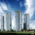 Modern High Rise Residential Building With Blue Sky White Clouds And Green Trees