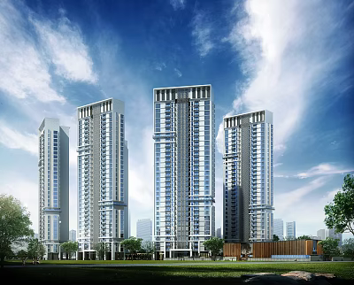 Modern High Rise Residential Building With Blue Sky White Clouds And Green Trees 3d model