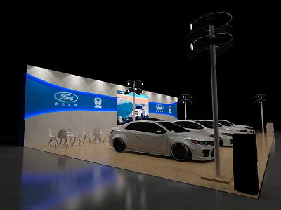 Ford Motor Show Booth Featuring White Cars Blue Backdrop Chairs And Lighting Fixtures 3d model