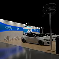 Ford Motor Show Booth Featuring White Cars Blue Backdrop Chairs And Lighting Fixtures