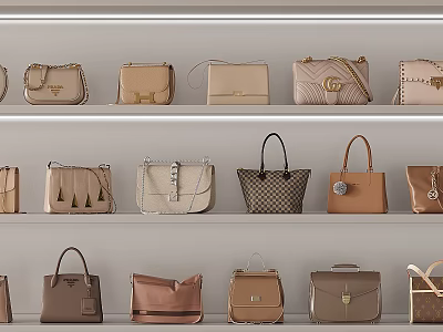 Stylish Handbags Collection Displayed On Shelves 3d model