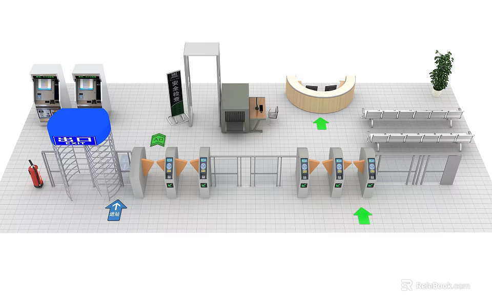 Public Transportation Facility Entrance With Security Gates Turnstiles Information Desk Seating And Directional Signs 3d model 