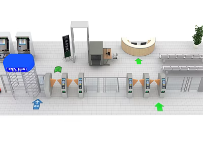 Public Transportation Facility Entrance With Security Gates Turnstiles Information Desk Seating And Directional Signs 3d model