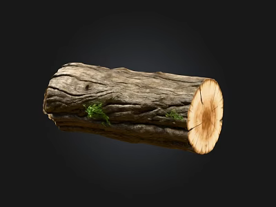 Natural Wooden Log with Textured Surface and Green Grass on Black Background 3d model
