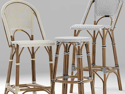 Rattan Bar Stools With Wooden Legs And Cross Straps In Beige And Brown 3d model