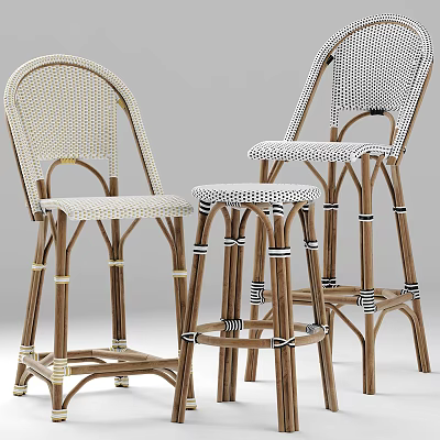 Rattan Bar Stools With Wooden Legs And Cross Straps In Beige And Brown 3d model