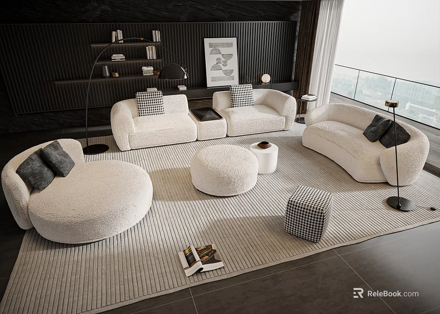 Elegant Sofa Coffee Table Set with White Rounded Sofas Oval Stools and Soft Rug 3d model
