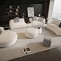 Elegant Sofa Coffee Table Set with White Rounded Sofas Oval Stools and Soft Rug 3d model