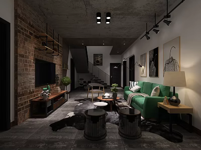 Industrial Living Room Interior With Brick Wall Green Sofa Black Coffee Table And Art Paintings 3d model