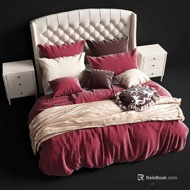 Double Bed with Tufted Headboard Multiple Red Purple Beige Pillows White Nightstands Drawers Velvet Bedding 3d model 