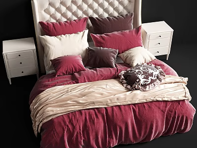 Double Bed with Tufted Headboard Multiple Red Purple Beige Pillows White Nightstands Drawers Velvet Bedding 3d model
