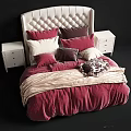 Double Bed with Tufted Headboard Multiple Red Purple Beige Pillows White Nightstands Drawers Velvet Bedding