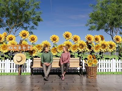 Scenic Bench Surrounded By Sunflowers White Picket Fence And Two People Under Blue Sky 3d model