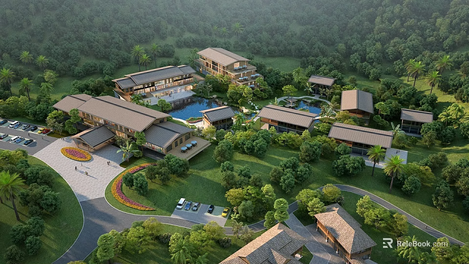Aerial View of Resort Buildings With Sloped Roofs Lush Green Trees Pool And Parking Area 3d model 