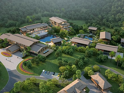Aerial View of Resort Buildings With Sloped Roofs Lush Green Trees Pool And Parking Area 3d model