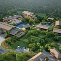 Aerial View of Resort Buildings With Sloped Roofs Lush Green Trees Pool And Parking Area