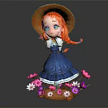 Cute Red Hair Girl In Straw Hat And Blue Dress Among Pink White Purple Flowers