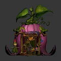 Cartoon Scene With Pink Flower Shaped House Green Vines Leaves Little Fairy and Doorway Decorations