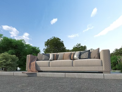 Cozy Casual Sofa Set with Cushions and Blanket in Outdoor Green Trees Blue Sky Scene 3d model