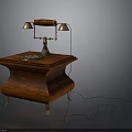 Vintage Telephone With Brass Bell On Dark Wooden Table Carved Legs And Wired Connection