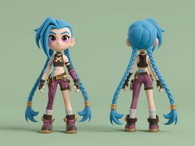 Woman With Blue Double Braids Purple Eyes Star Patterned Top And Striped Pants Brown Boots 3d model