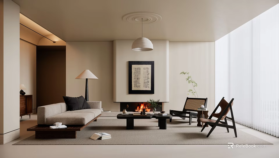 Modern Minimalist Living Room Interior With Beige Sofa Fireplace Decorative Artwork And Woven Chairs 3d model 