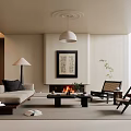 Modern Minimalist Living Room Interior With Beige Sofa Fireplace Decorative Artwork And Woven Chairs
