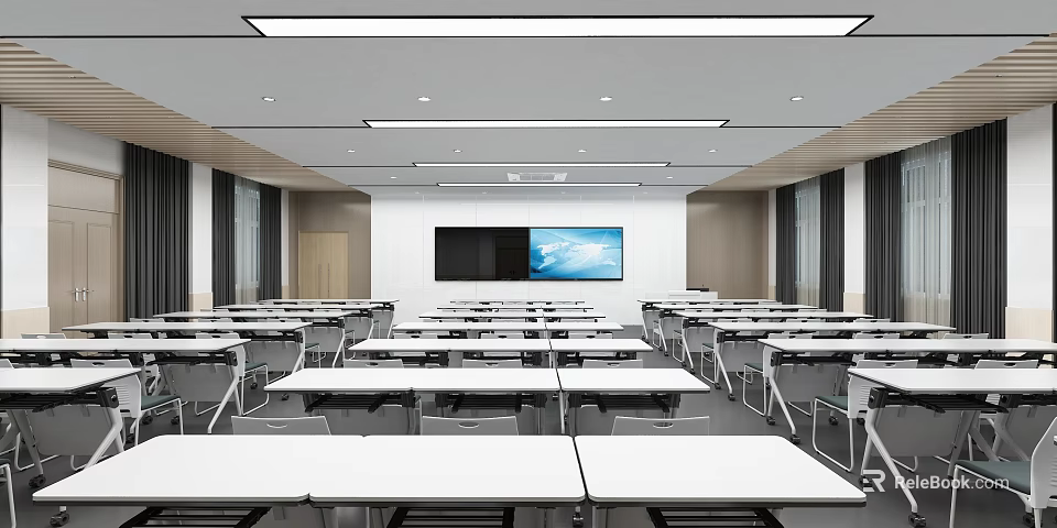 Modern School Classroom With Tables Chairs And Screens 3d model