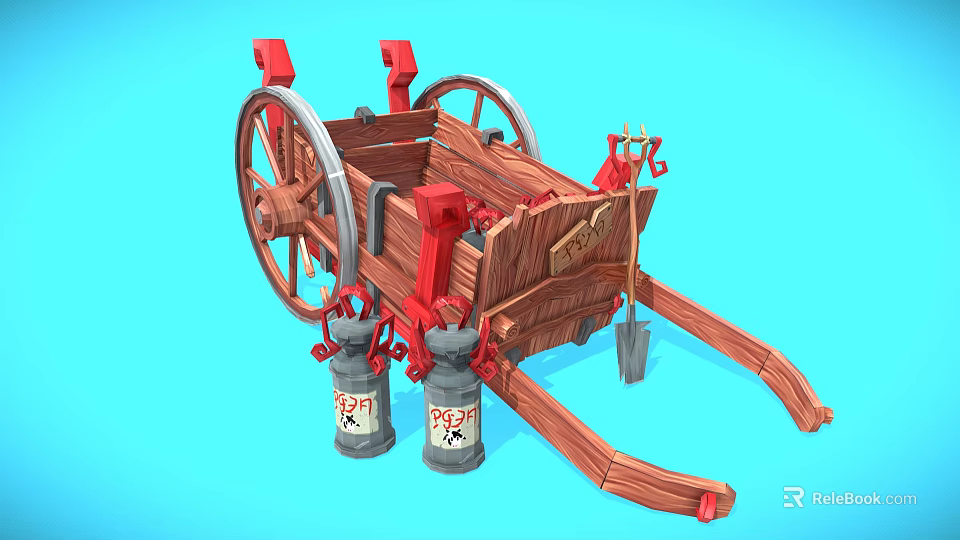 Vintage Wooden Utility Cart With Red Accents POP Cans And Shovel Tools 3d model 
