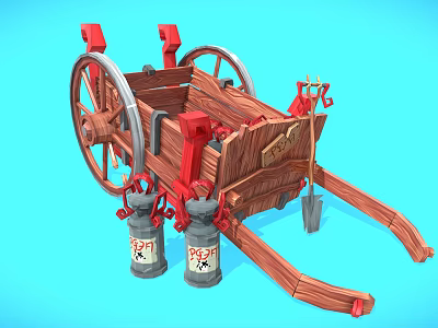 Vintage Wooden Utility Cart With Red Accents POP Cans And Shovel Tools 3d model