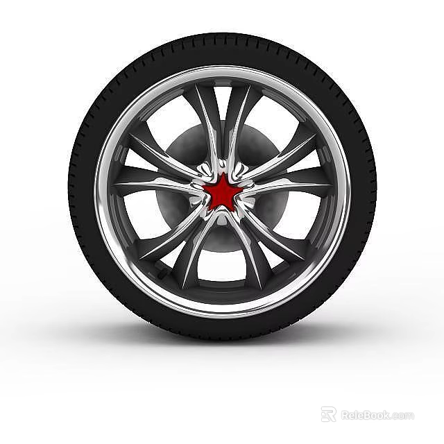 Car Wheel Design With Black Tire Silver Spokes And Red Center Logo 3d model 