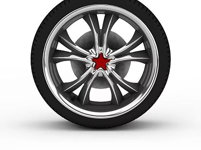 Car Wheel Design With Black Tire Silver Spokes And Red Center Logo 3d model