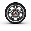 Car Wheel Design With Black Tire Silver Spokes And Red Center Logo