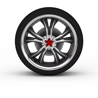 Car Wheel Design With Black Tire Silver Spokes And Red Center Logo 3d model
