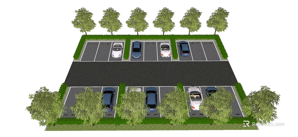 Two Level Parking Lot Layout With Parked Cars And Green Trees 3d model 