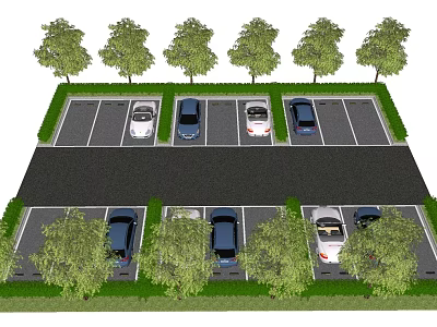 Two Level Parking Lot Layout With Parked Cars And Green Trees 3d model