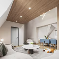 Modern Living Dining Room Interior With Wooden Table Blue Chairs Sofa And Glass Railing Staircase