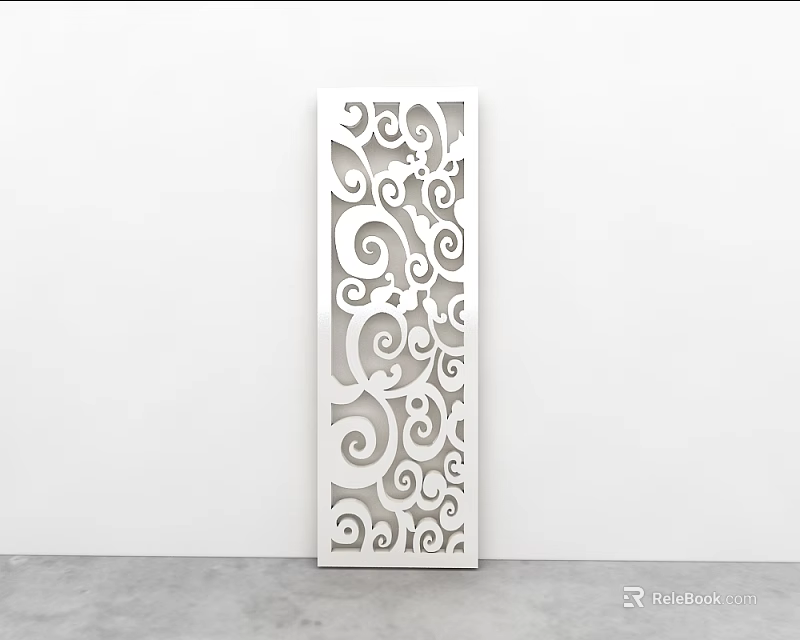 White Modern Partition with Intricate Hollow Patterns Against Wall Background and Gray Floor 3d model 