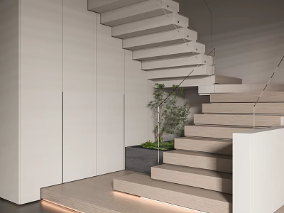 Modern White Staircase With Glass Railing Green Plant And Built in LED Lights 3d model