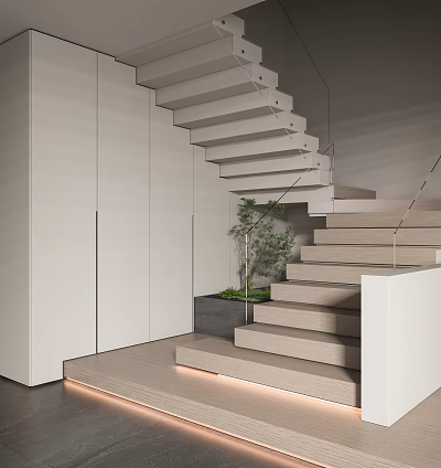 Modern White Staircase With Glass Railing Green Plant And Built in LED Lights 3d model