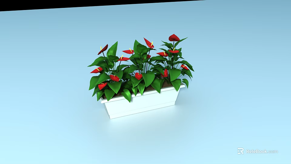 Residential Landscape Decorative Plants with Green Leaves and Red Flowers in White Rectangular Planter 3d model 
