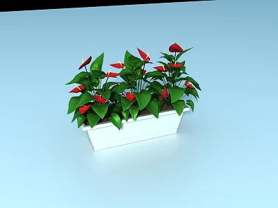 Residential Landscape Decorative Plants with Green Leaves and Red Flowers in White Rectangular Planter 3d model